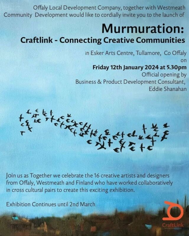 You are invited to this beautiful exhibition this Friday 12th January in the Esker Arts Centre in Tullamore - official opening at 5.30pm.
Love to see you there. 
It’s a collaboration between Irish artists based in Westmeath and Offaly - with our artisan friends in Finland. 
Supported by @westmeathcommunity and @offalylocaldevelopmentcompany  I was so lucky to collaborate with @taitomarika and her colours chosen and weaving are stunning. @Keskipiste-Leader ry